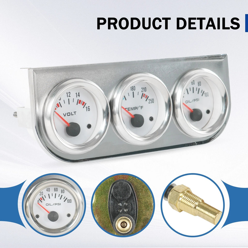 Set of 3 Mechanical Chrome Gauges for Universal Applications (52mm)