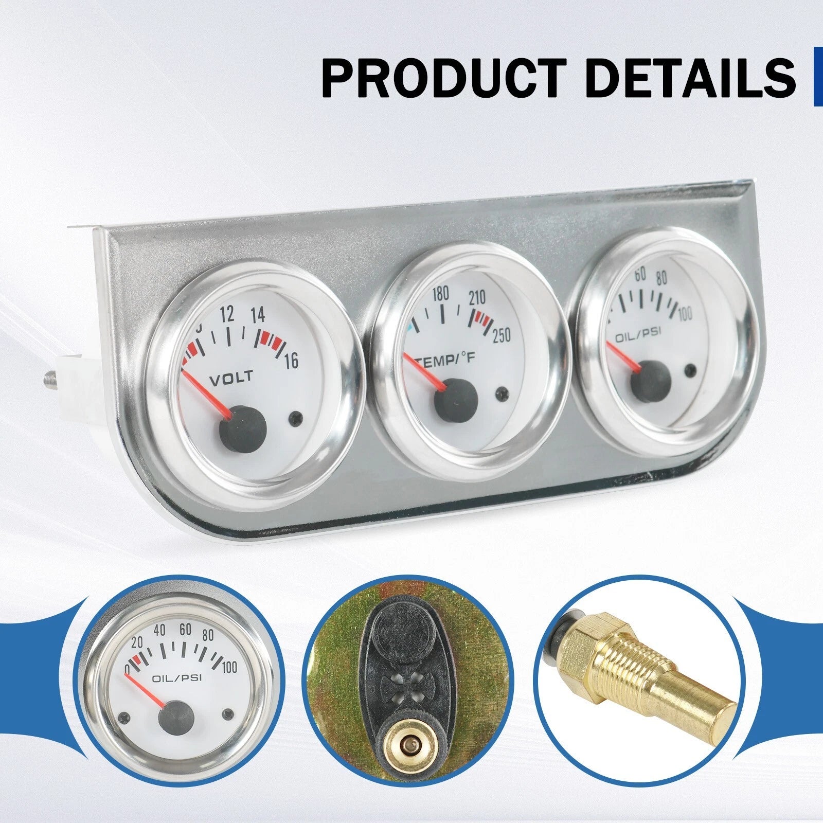 Set of 3 Mechanical Chrome Gauges for Universal Applications (52mm)