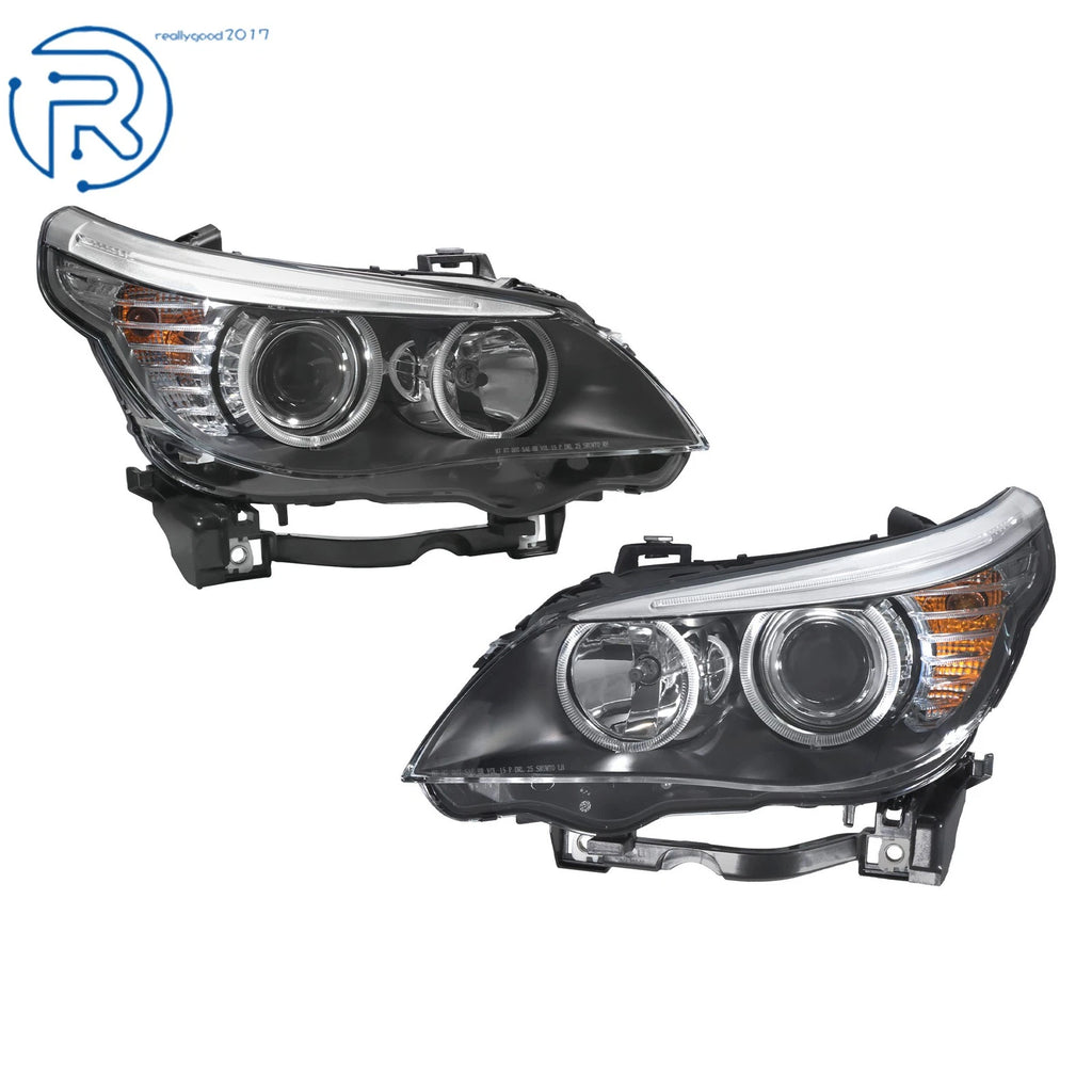 Headlight Set for BMW 528i (2008–2010) Halogen Black Driver+Passenger