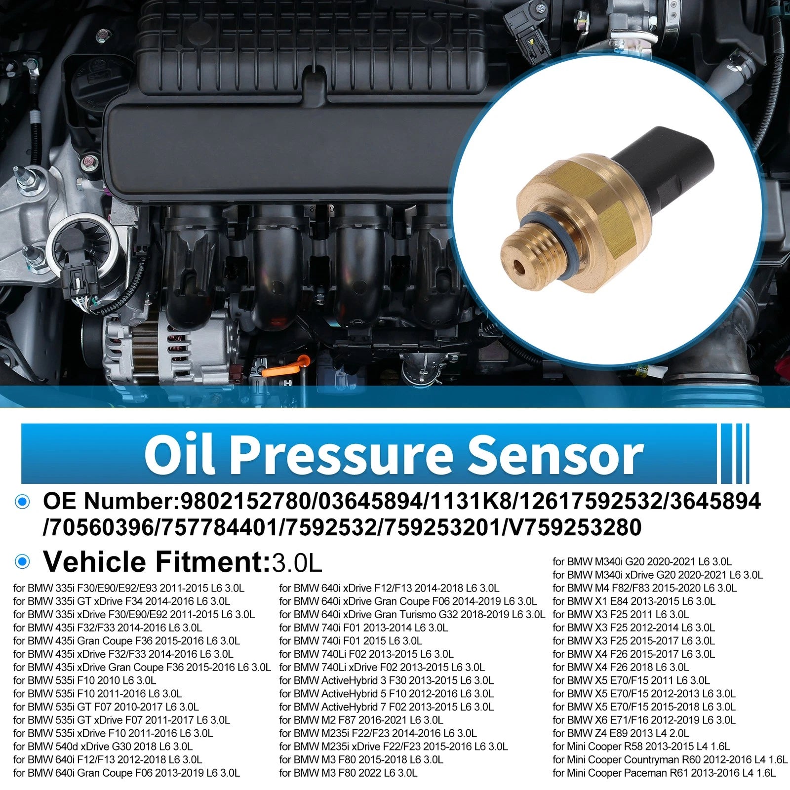 Engine Oil Pressure Sensor for BMW 335i F30/E90/E92/E93 (2012–2015) No.9802152780