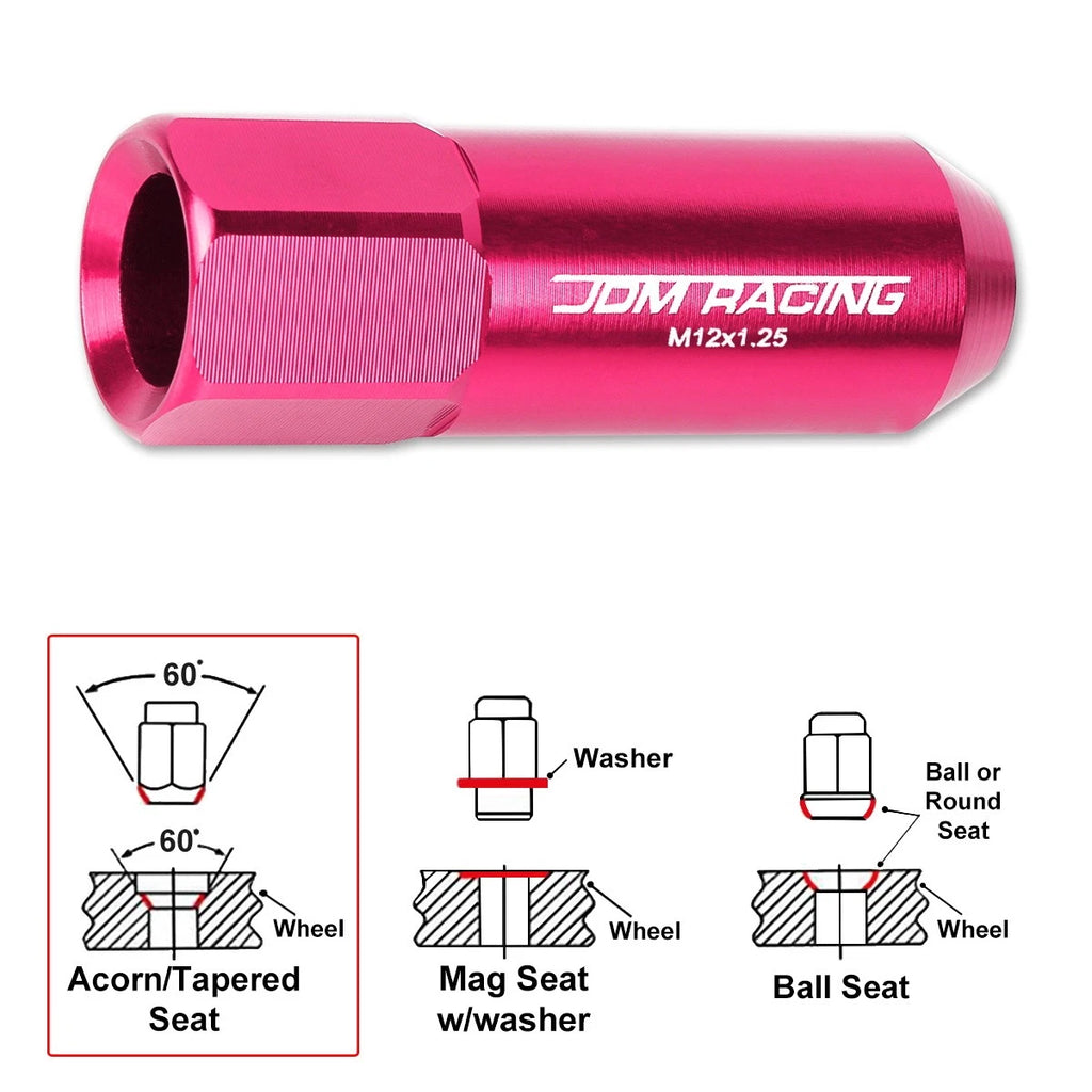 Set of 20 M12X1.25 Pink JDM Open End Aluminum Hex Lug Nuts with Spline Locks