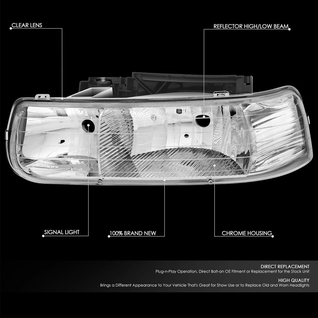 Pair of Chrome Housing Clear Lens Headlights for Chevy Silverado (1999–2002)