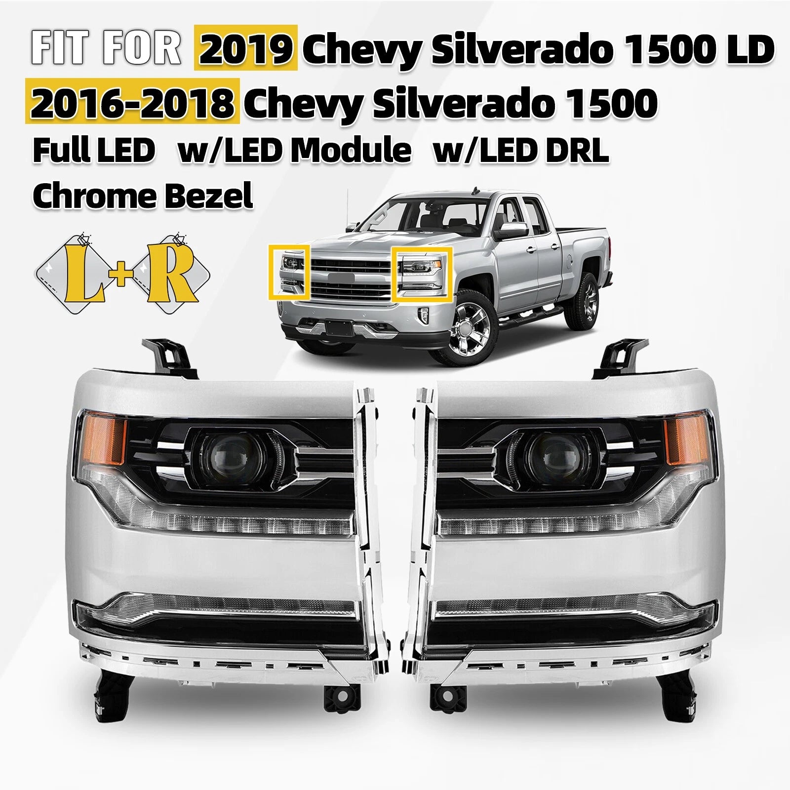 LED Headlight Set for Chevy Silverado 1500 (2016–2018) w/Module Chrome