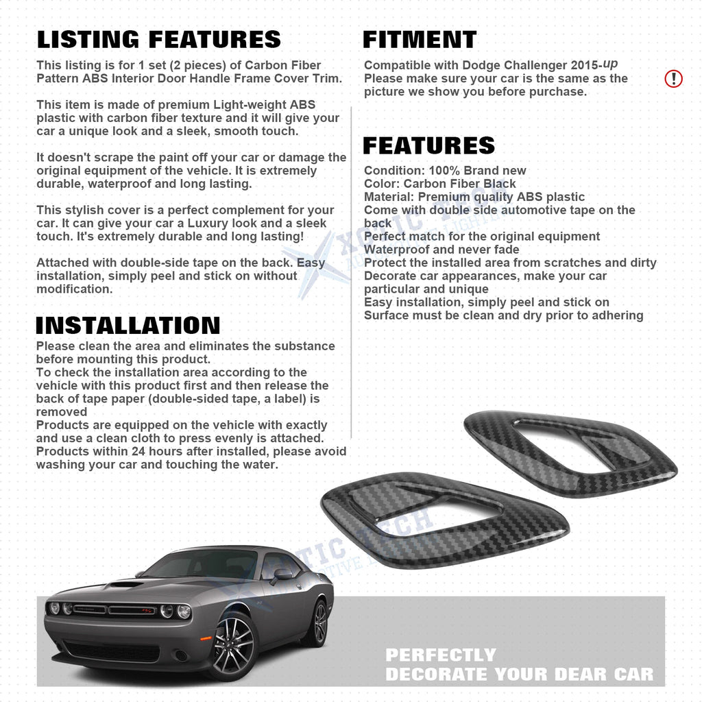 Carbon Fiber Pattern Door Handle Molding Cover Trim for Dodge Challenger (2015-2023)