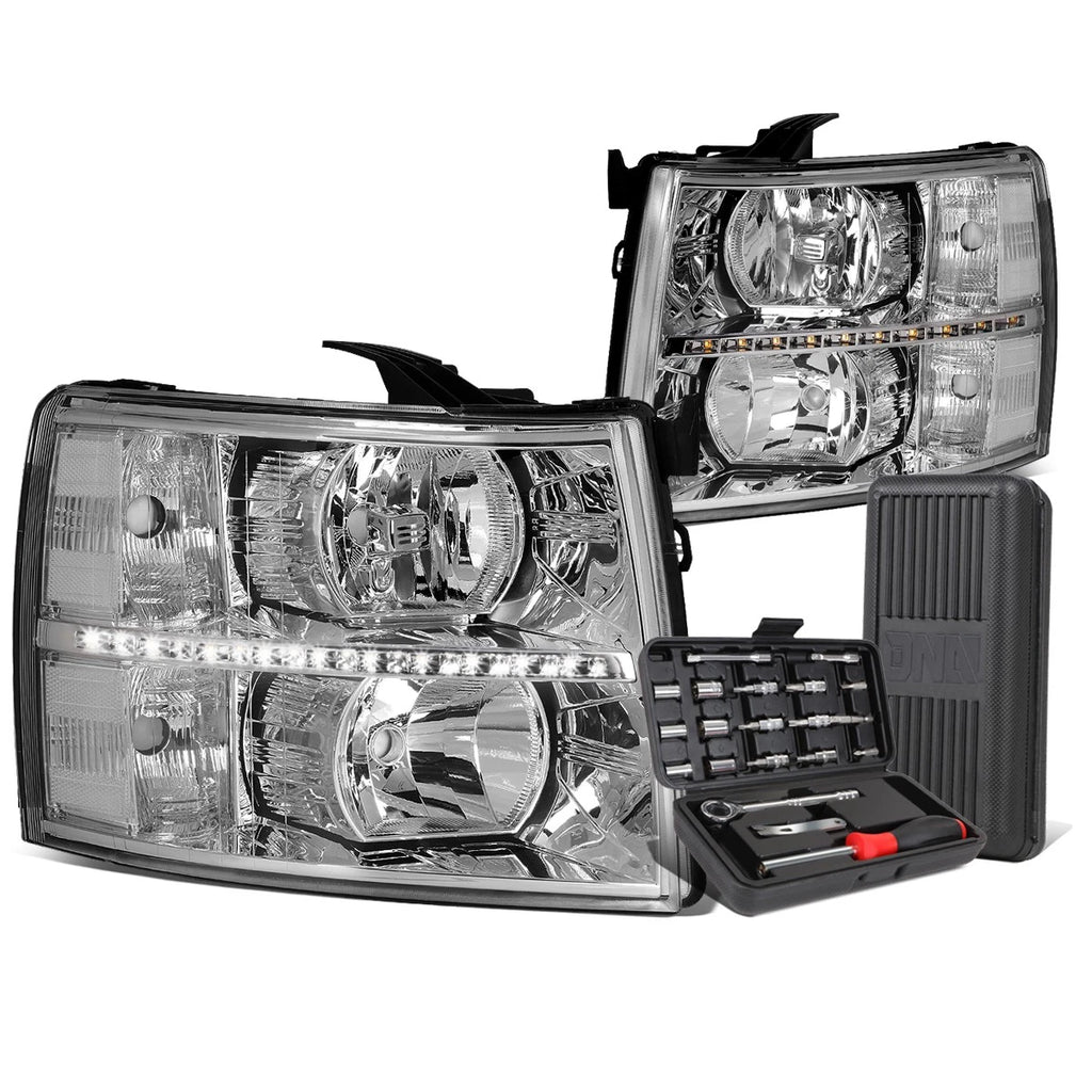 LED DRL Bar Chrome Clear Headlights for Chevy Silverado (2007–2014)