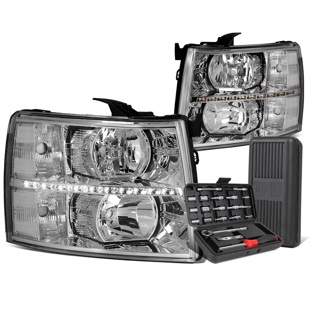 LED DRL Bar Chrome Clear Headlights for Chevy Silverado (2007–2014)