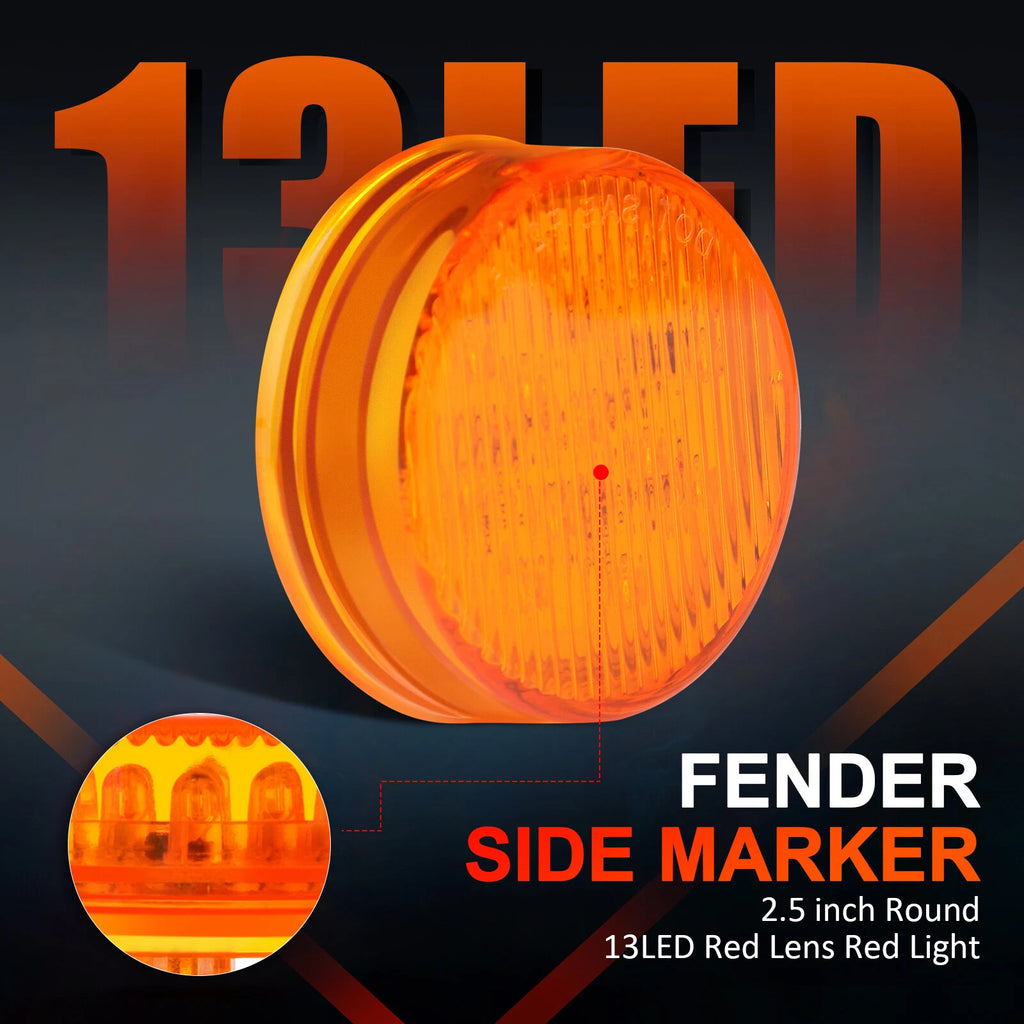 Set of 6 Amber LED Round Side Marker Lights for Trucks (2.5 Inch)