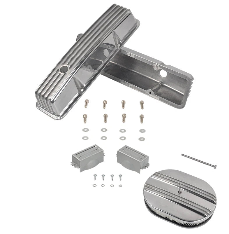 Set of 2 Tall Finned Valve Covers & 12" Oval Air Cleaner for SBC Chevy (1958–1986)