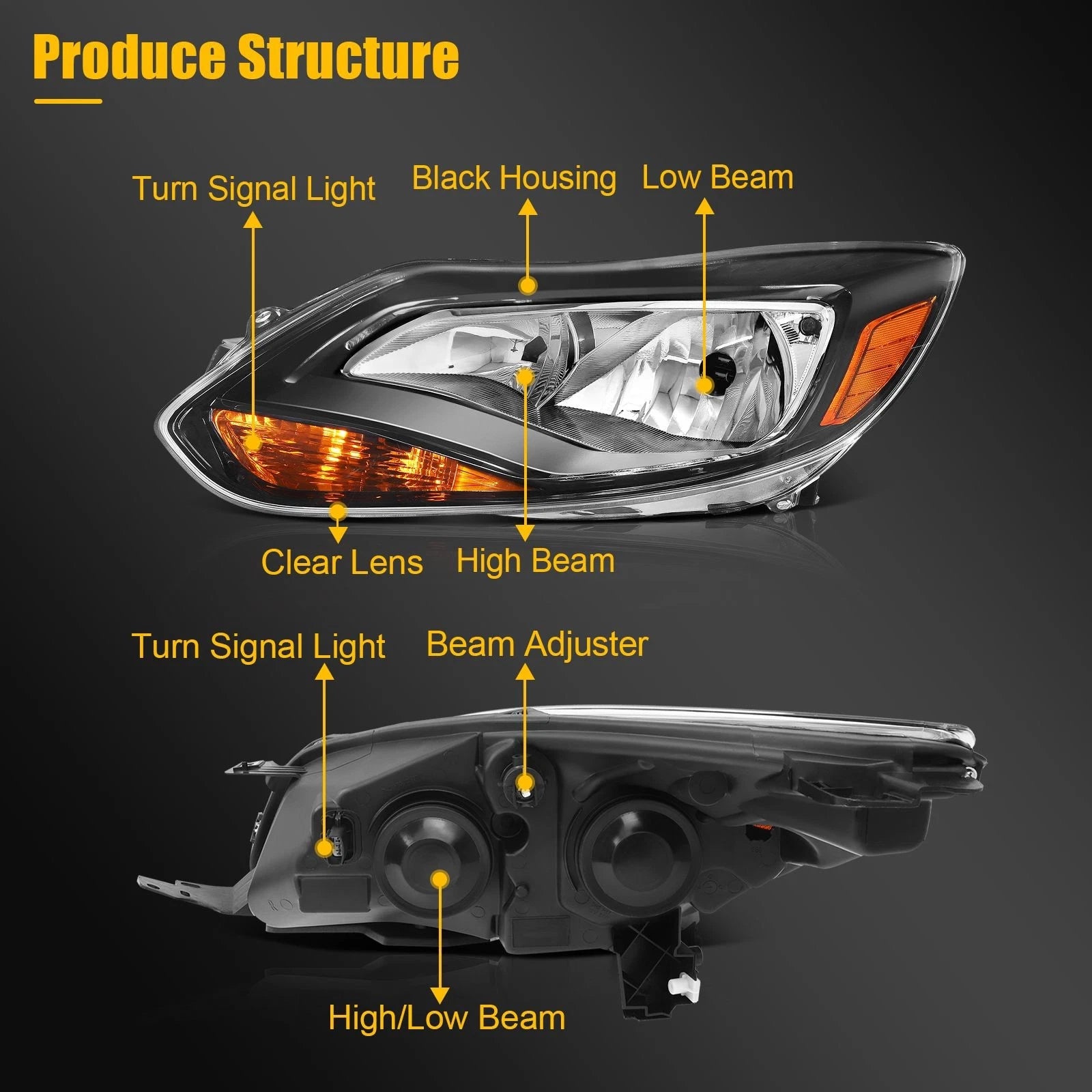Headlight Assembly for Ford Focus (2012–2014) Black Housing Left+Right Pair