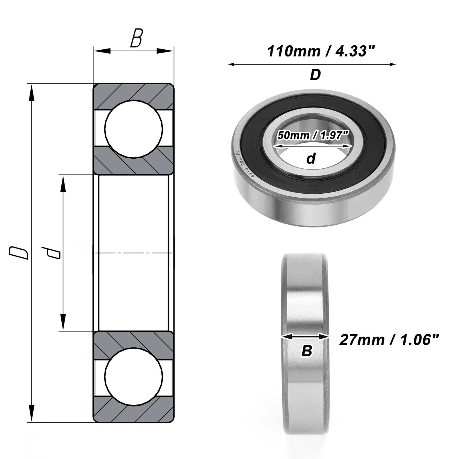 Deep Groove Ball Bearing 6310DDU for Scooter Skateboard (50x110x27mm)