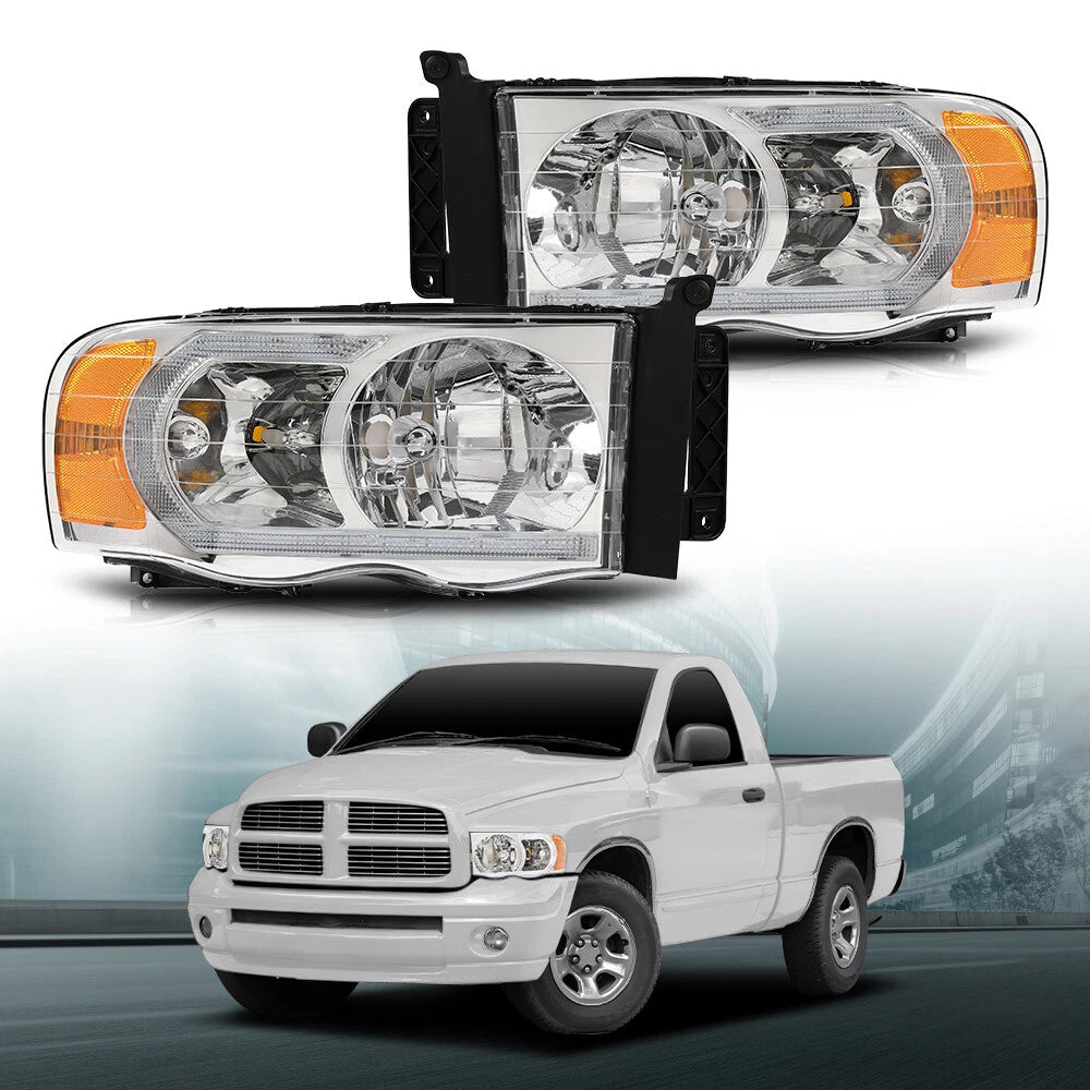 Clear Chrome LED Tube DRL Headlights for Dodge Ram 1500 2500 3500 (2002–2005)