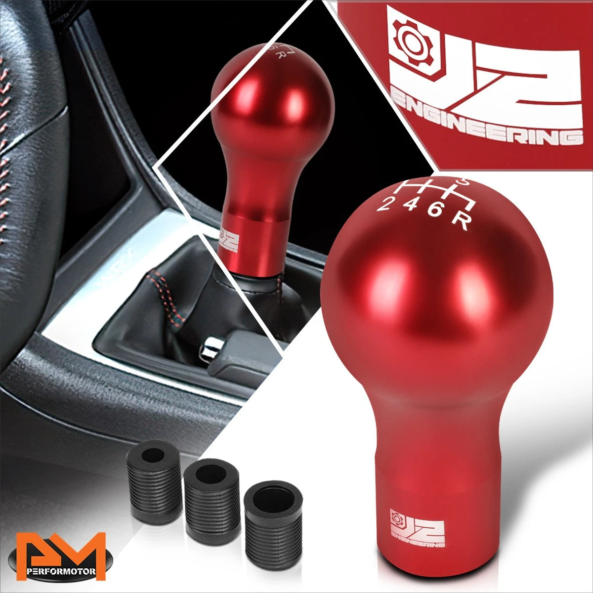 J2 Spherical Teardrop Aluminum 6-Speed Manual Shift Knob Red for Universal (2000–2023)
