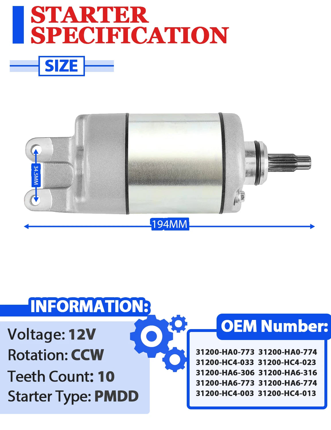 Starter for Honda FourTrax 300 TRX300FW 4x4 (1988–2000) with Relay & Key Switch