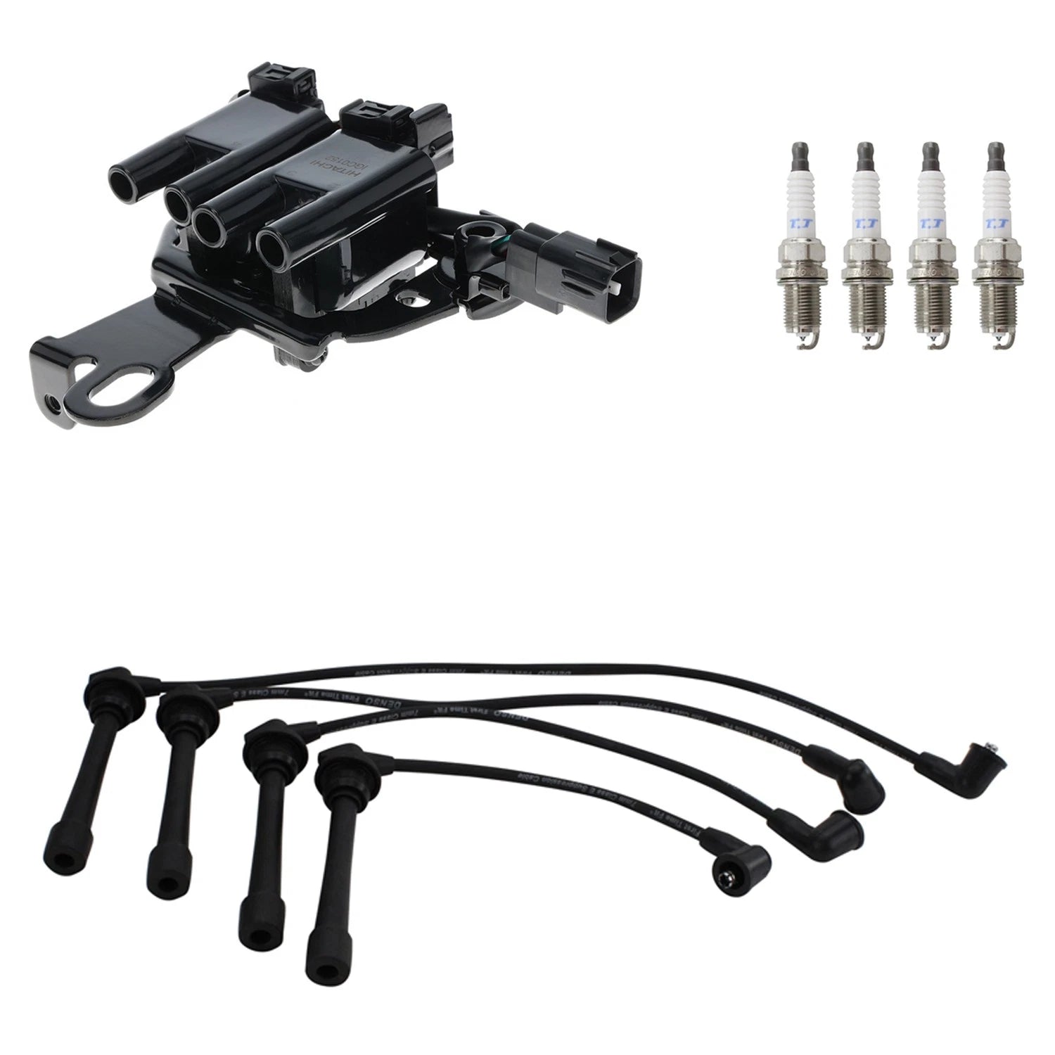 Set of 4 Hitachi Ignition Coils & Denso Platinum TT Spark Plugs for Spectra
