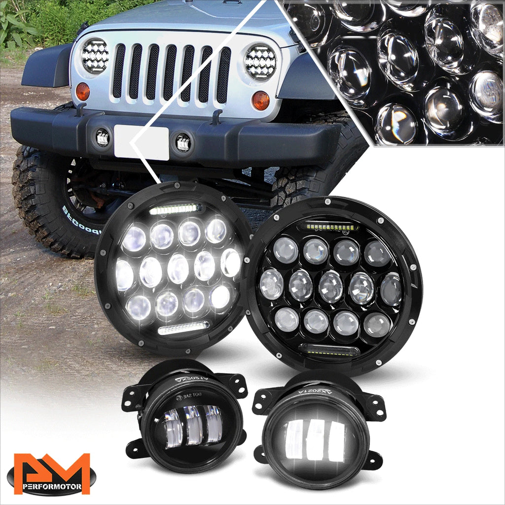 Set of 4 Full LED Bug Eye Projector Headlight & Fog Lamps for Wrangler (2007–2018)