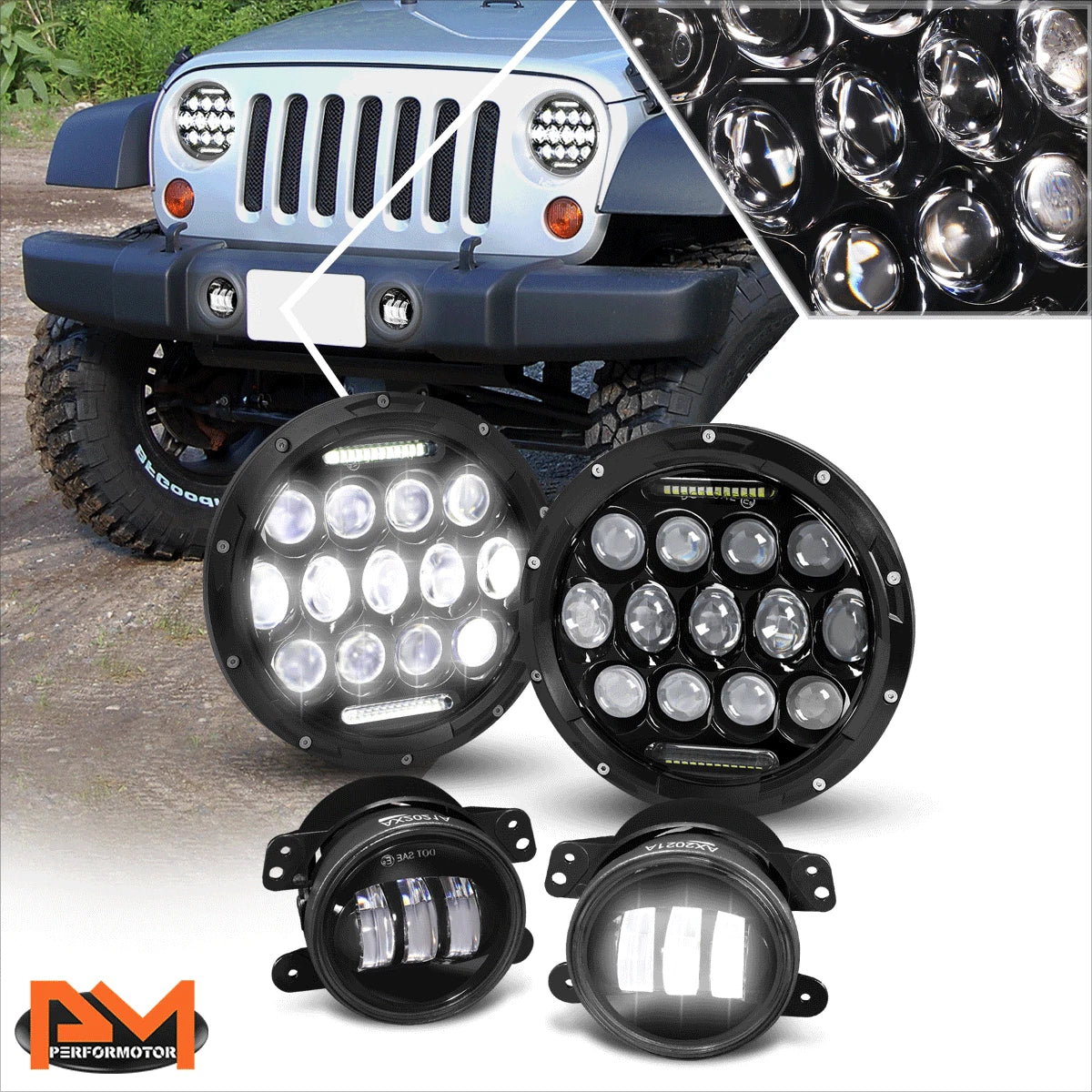Set of 4 Full LED Bug Eye Projector Headlight & Fog Lamps for Wrangler (2007–2018)