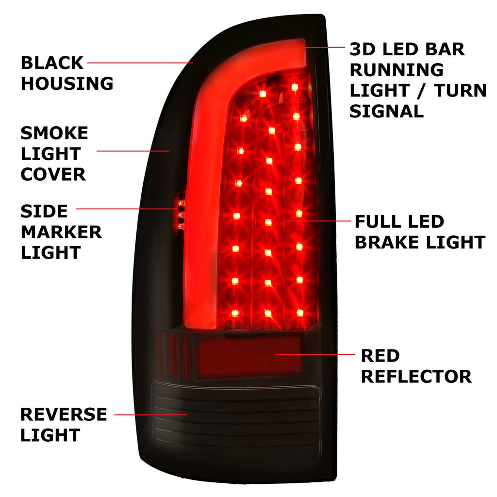 LED Tail Lights for Toyota Tacoma (2005–2015) Black Smoked Rear Brake Lamps Pair