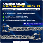 5/16" x 10' Galvanized Steel Lead Chain with Shackles for Boat Anchor