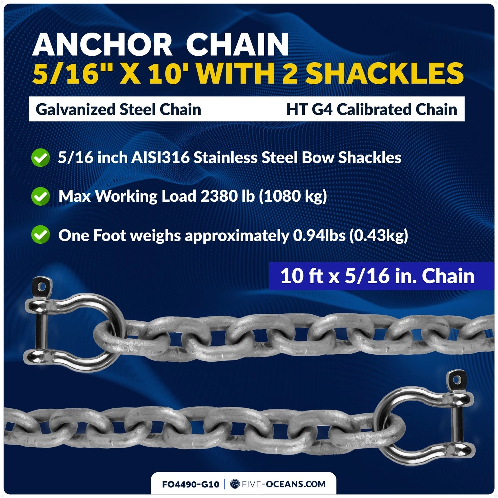 5/16" x 10' Galvanized Steel Lead Chain with Shackles for Boat Anchor
