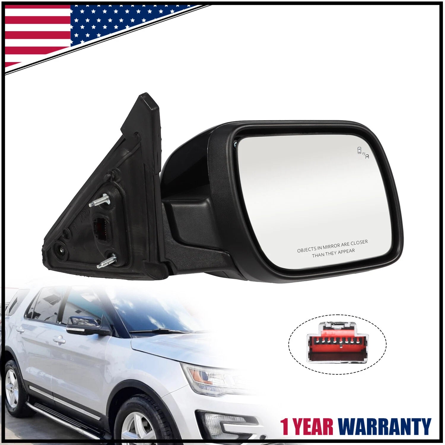 Passenger RH Side Mirror with Blind Spot Puddle Lamp for Ford Explorer (2016–2019)