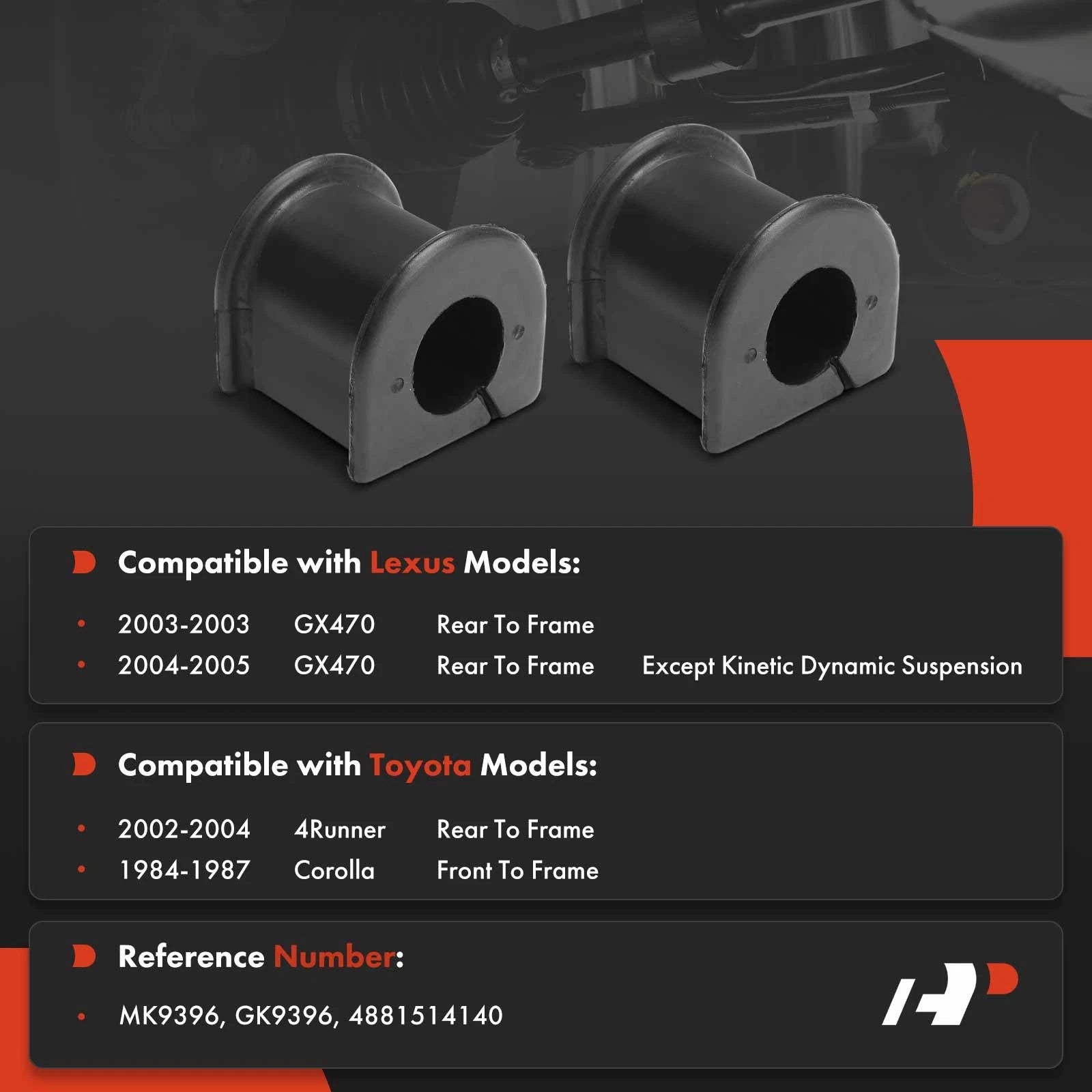 Rear Sway Bar Bushing for Toyota Corolla 1984-1987, 4Runner/Lexus (2-Pack)