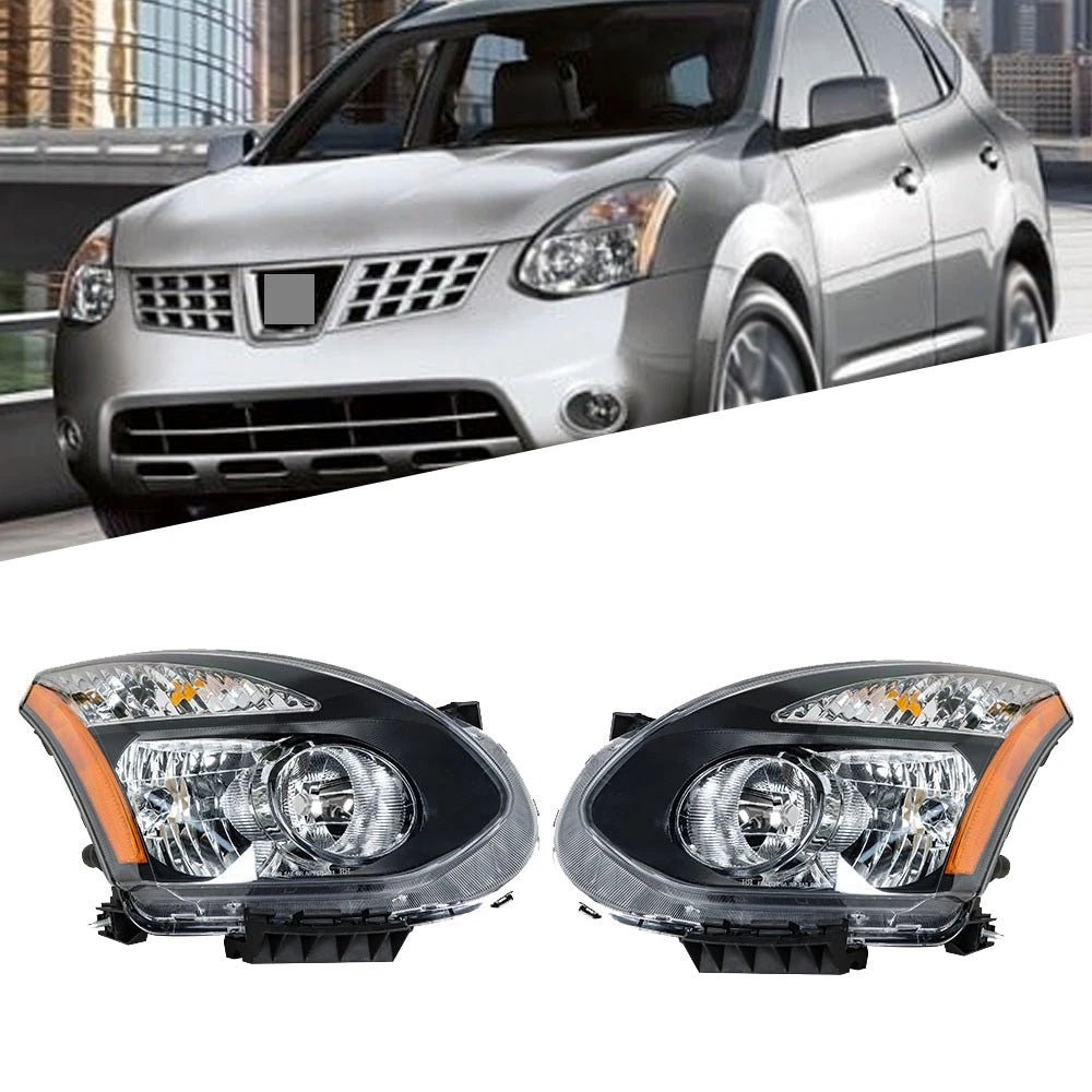 Set of 2 Halogen Headlight Assemblies for Nissan Rogue (2008–2013) Black Housing