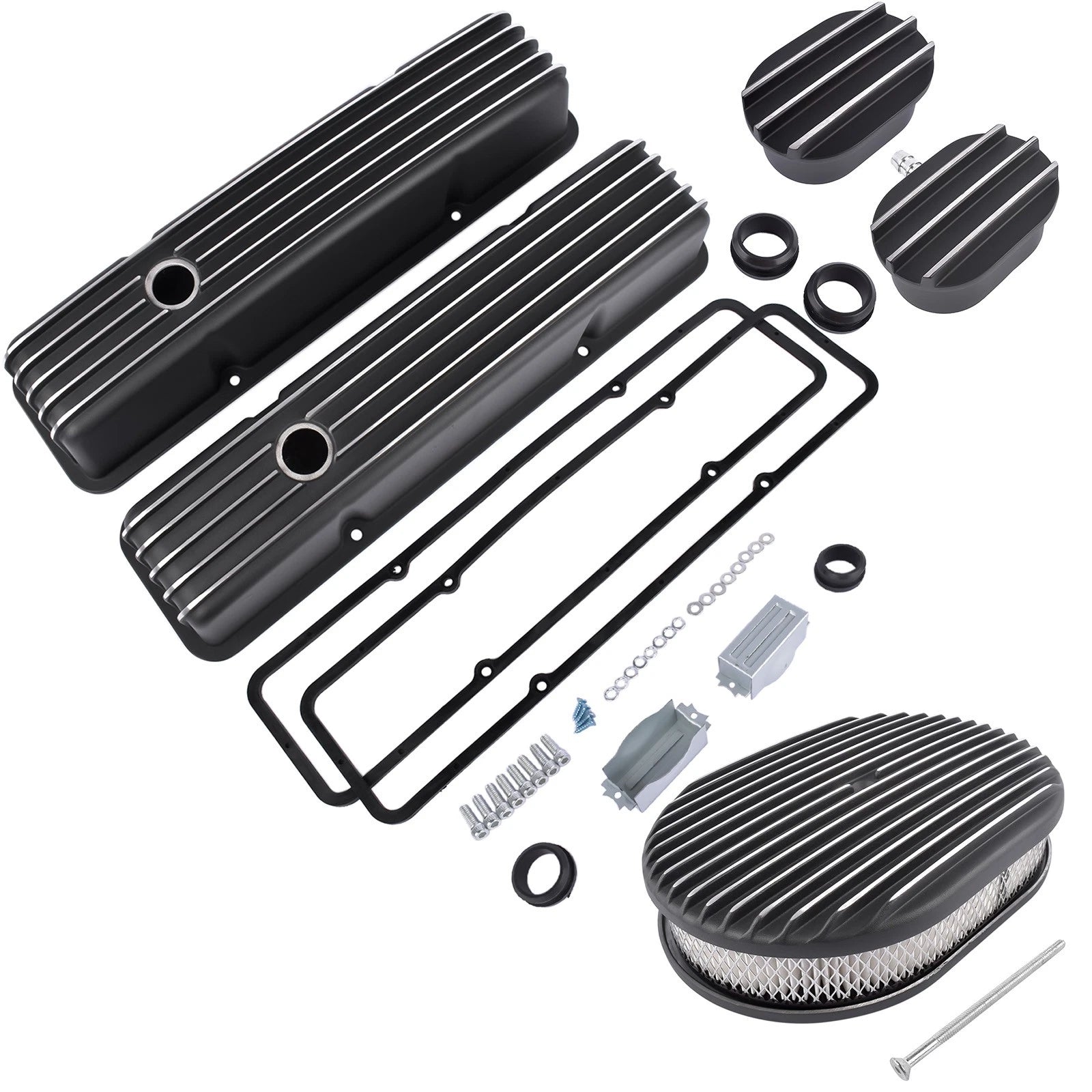 Finned Tall Valve Covers & Oval Air Cleaner Kit for Chevy SBC