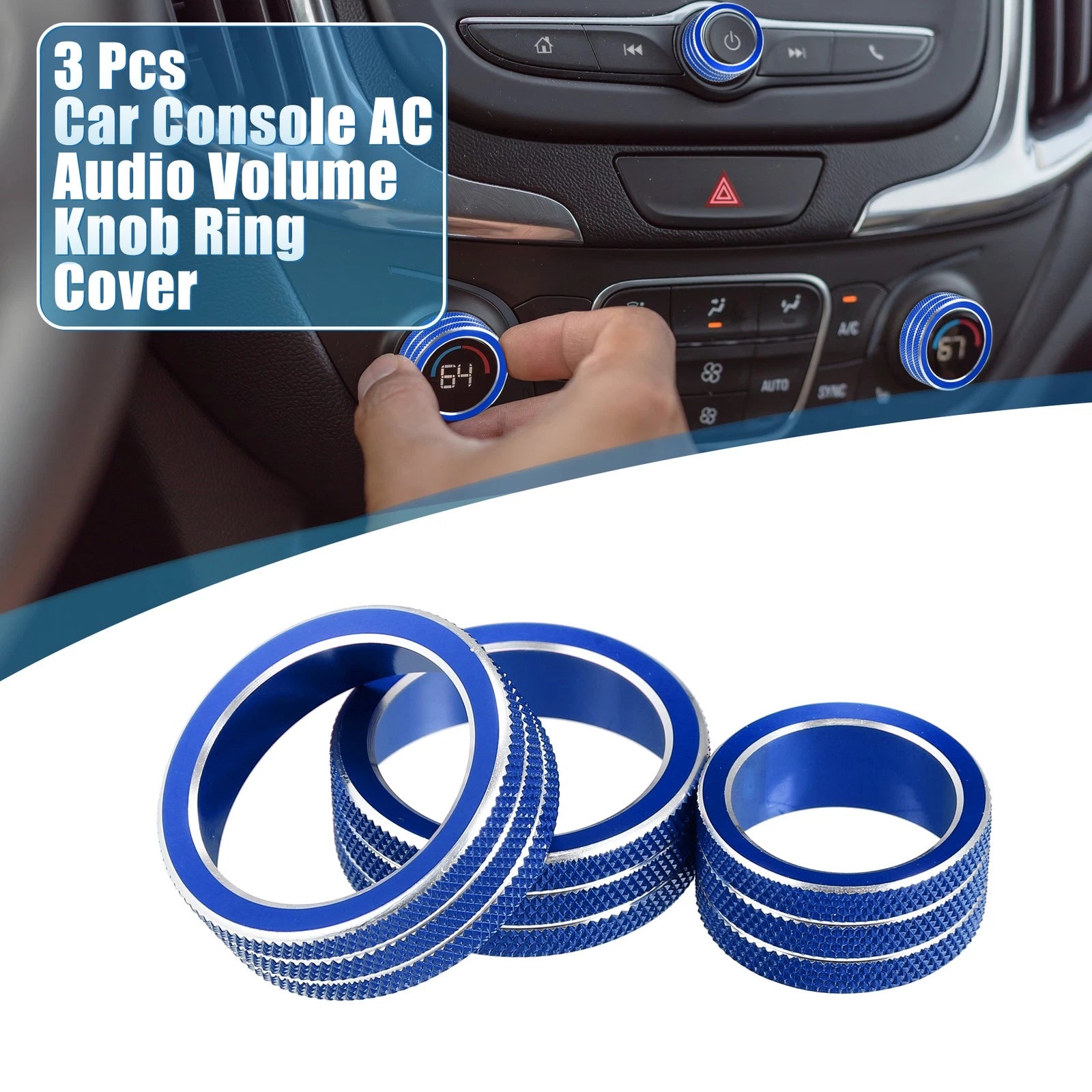 Set of 3 AC Audio Volume Knob Ring Covers for Chevy Malibu (2017–2022) Blue