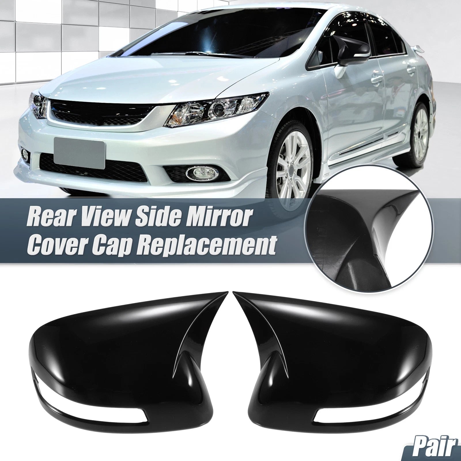 Pair Rearview Mirror Cover Overlay Gloss Black for Honda Civic (2012–2015)