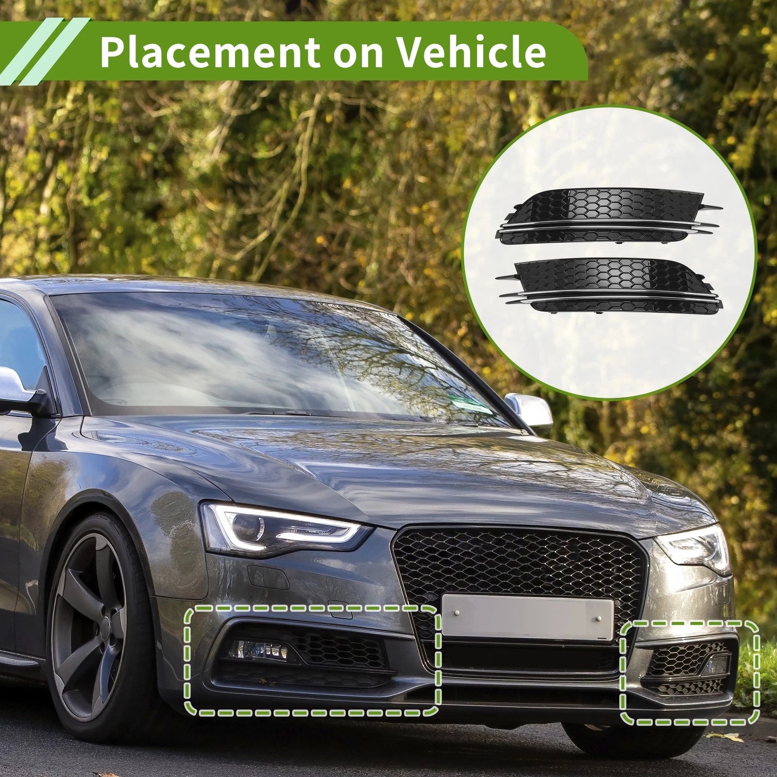 1 Pair Front Fog Light Grill for Audi A6 C7 (2012–2015) Black Silver Tone