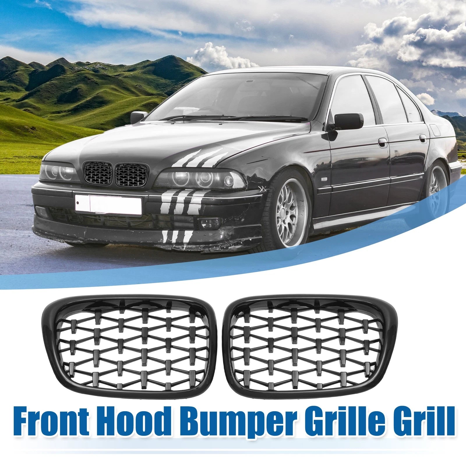 Set of 2 Front Hood Bumper Grilles for BMW 525i 530i E39 (2001–2003) Gloss Black