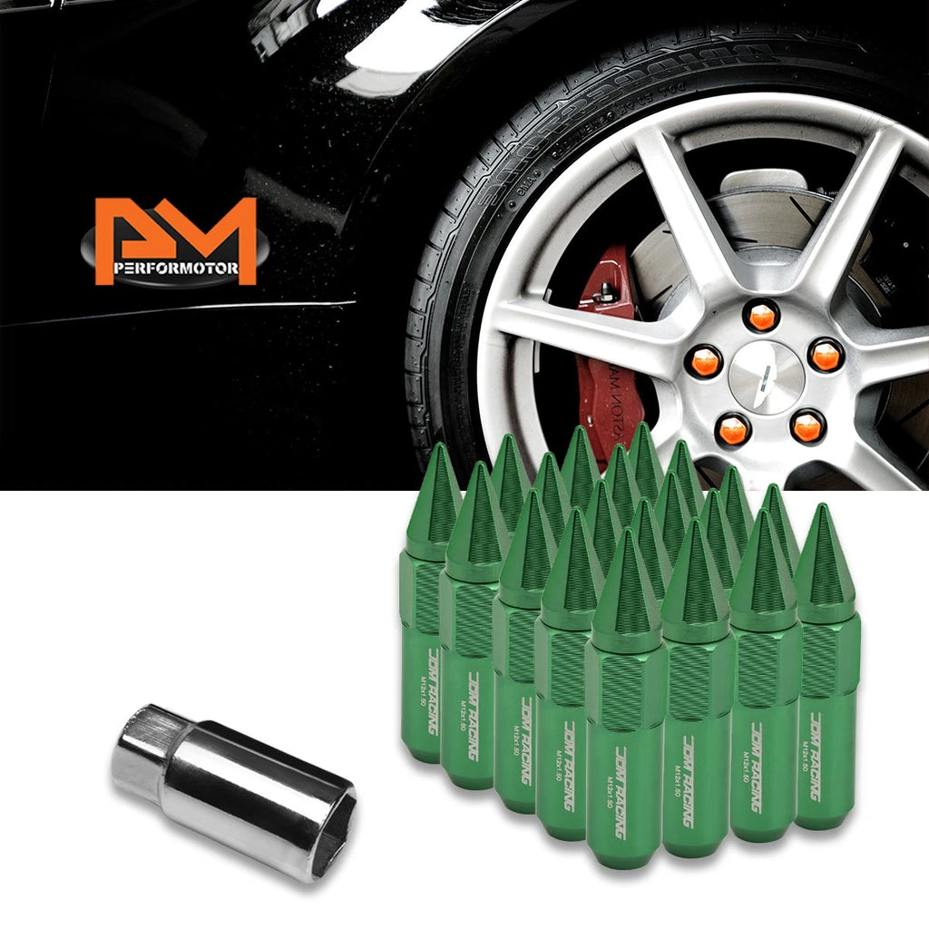 Set of 20 M12X1.5 Green JDM Hex Spiked Wheel Lug Nuts + 20mm Extension