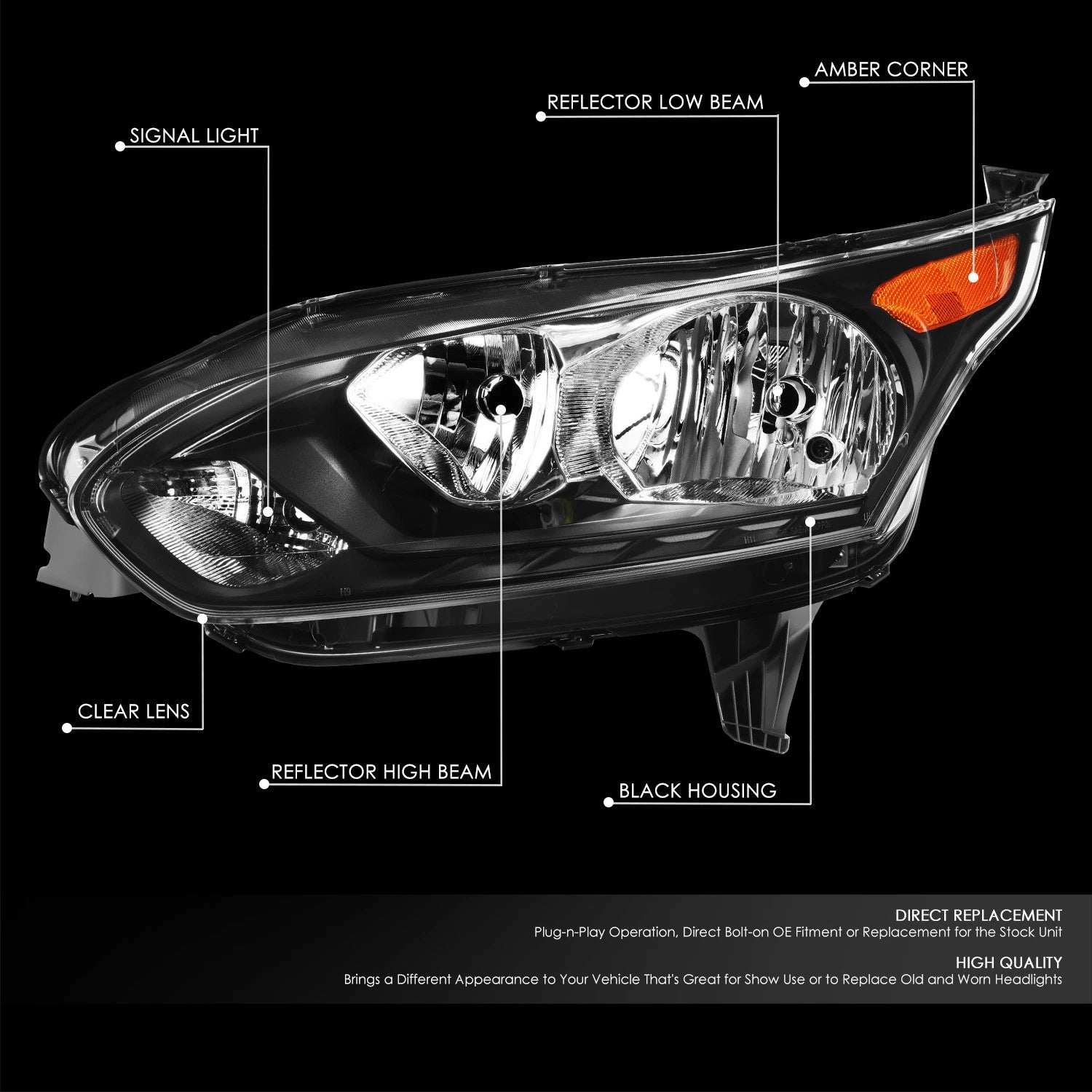 Driver Left Corner Light for Ford Transit Connect (2014–2018) OE Style Black Amber