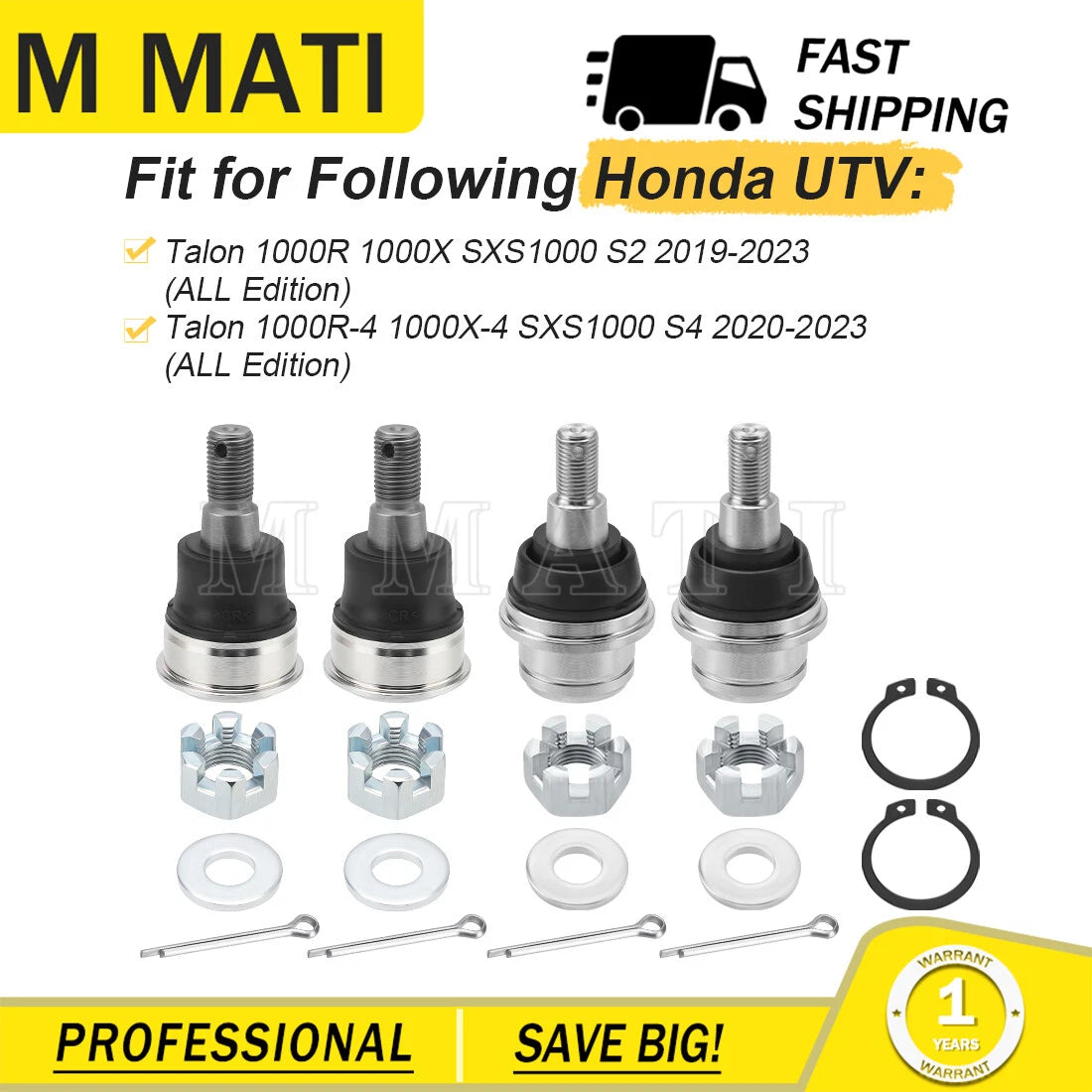 Set of 4 Front Upper Lower Ball Joints for Honda Talon 1000R, 1000X (2019–2023)