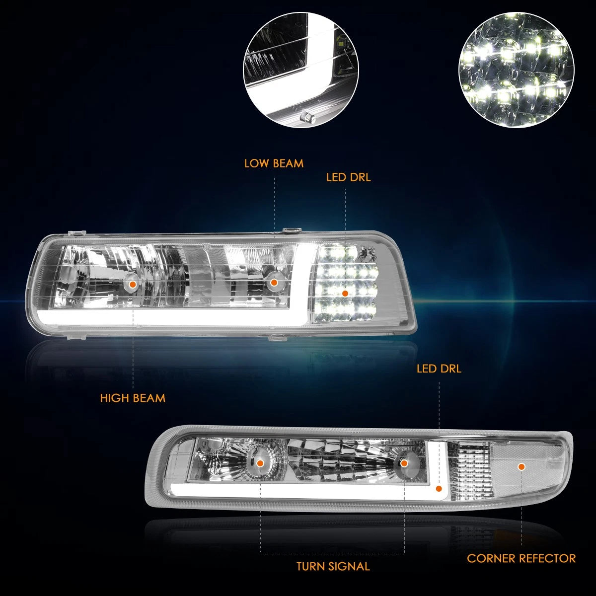 LED DRL Bumper Headlights for Chevy Silverado (1999–2002) - Chrome Housing