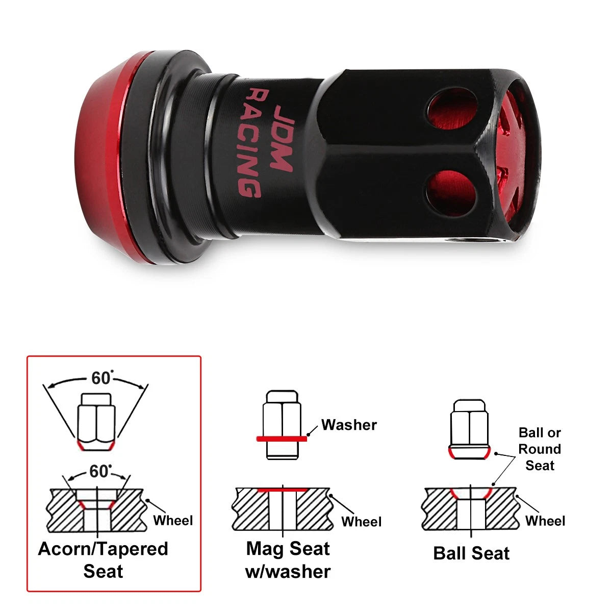 20Pc M12X1.5 Red JDM Closed End Lug Nuts with Spline Locks & Key