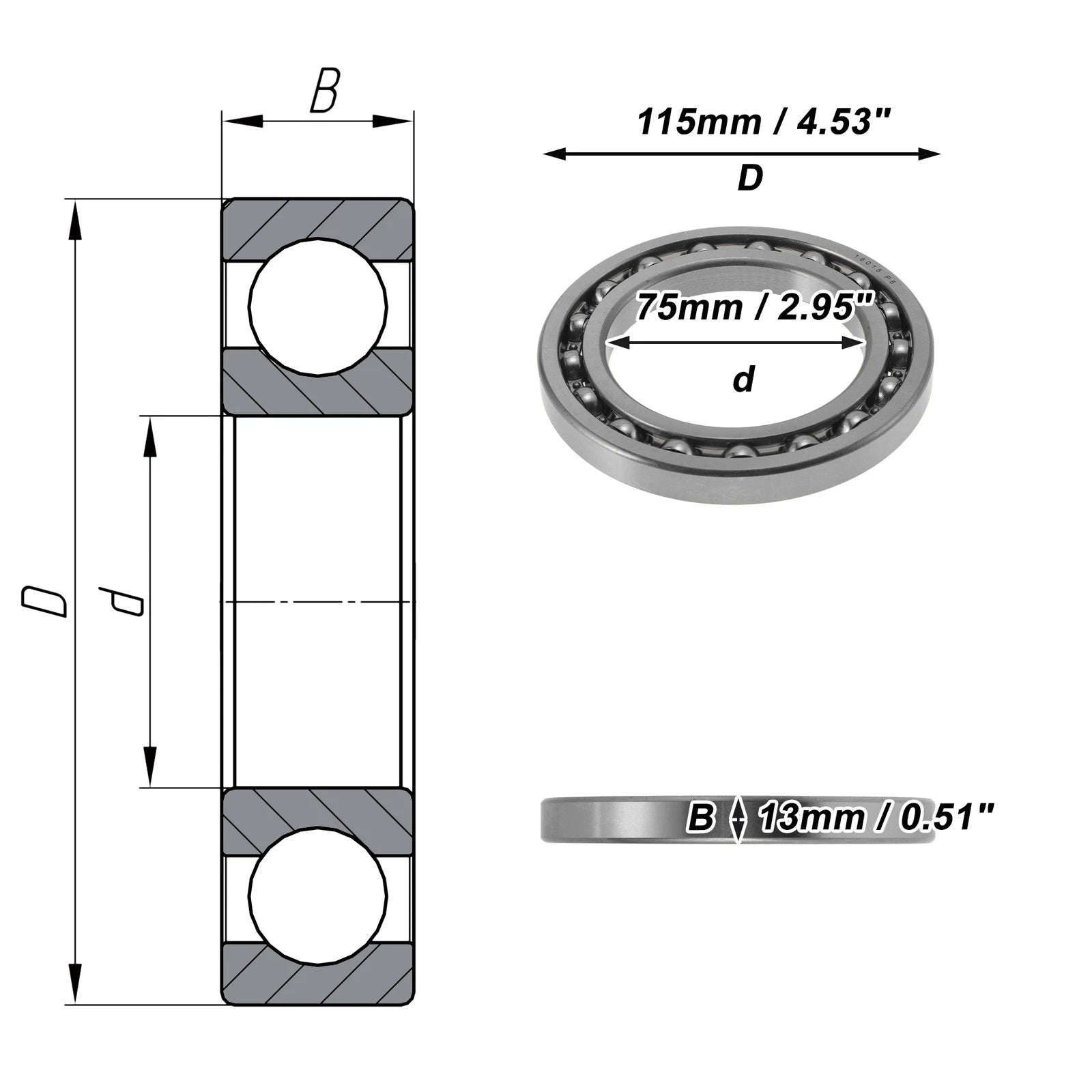 Set of 2 Deep Groove Ball Bearings 75x115x13mm for Scooter Skateboard
