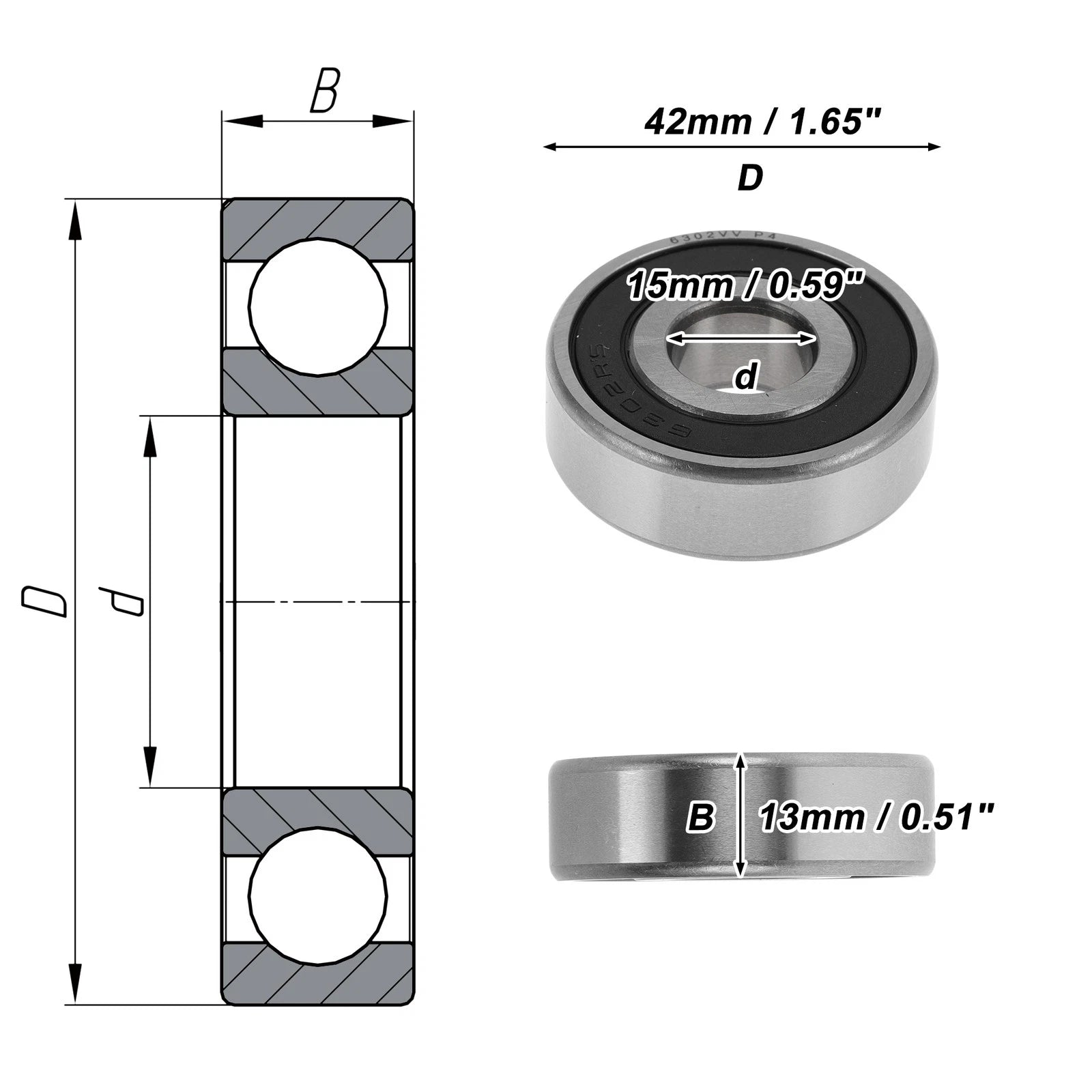 Deep Groove Ball Bearing 6302VV for Universal Applications (15x42x13mm)