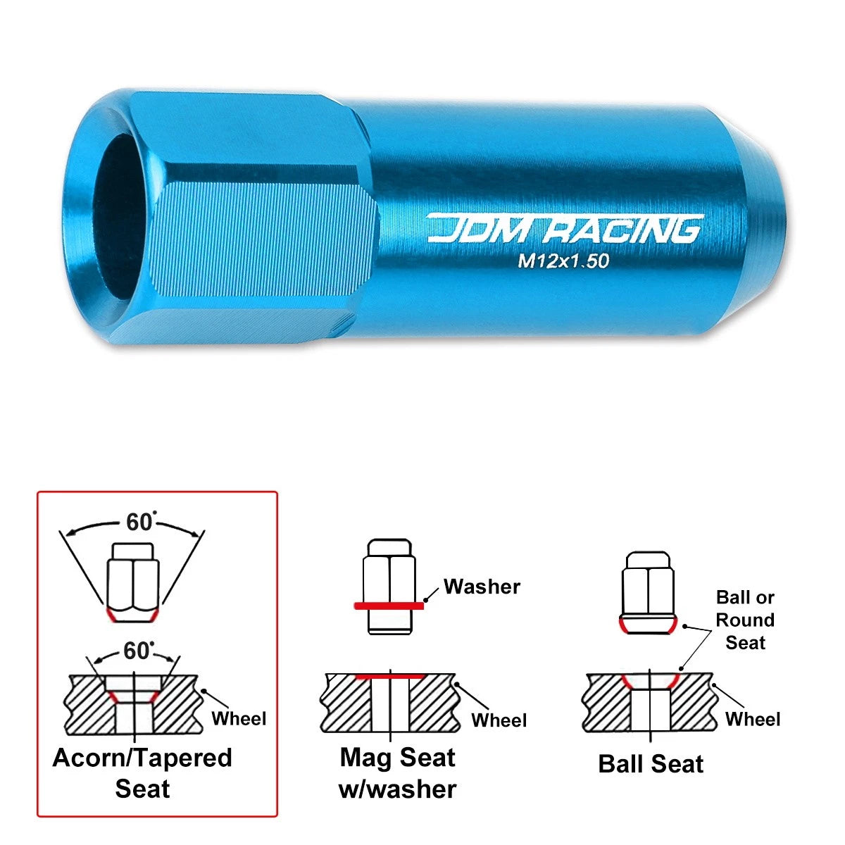 Set of 20 M12X1.5 Sky Blue JDM Open End Aluminum Lug Nuts with Spline Locks