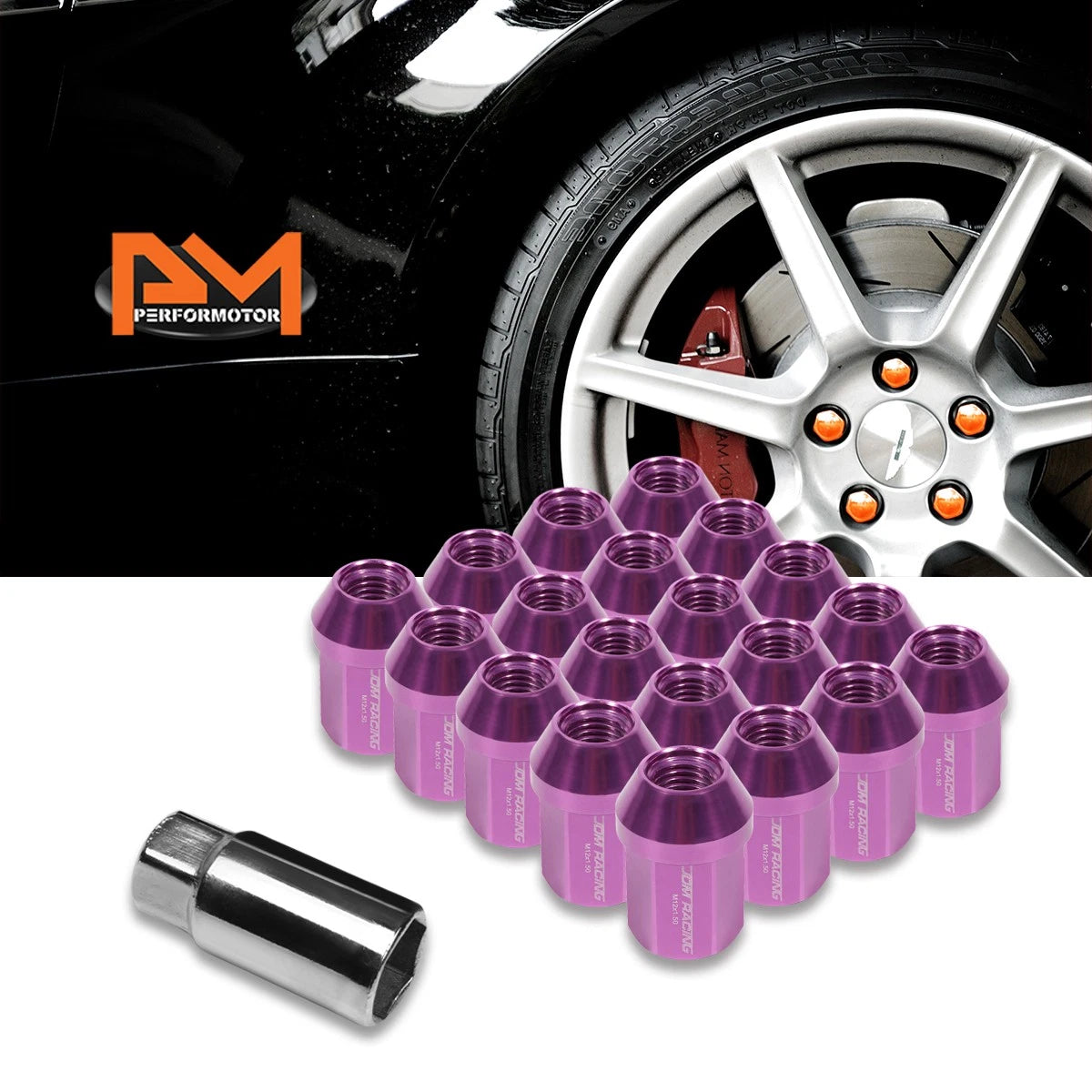 20Pc M12X1.5 Purple JDM Closed End Acorn Hex Wheel Lug Nuts + Extension 25mmx35mm