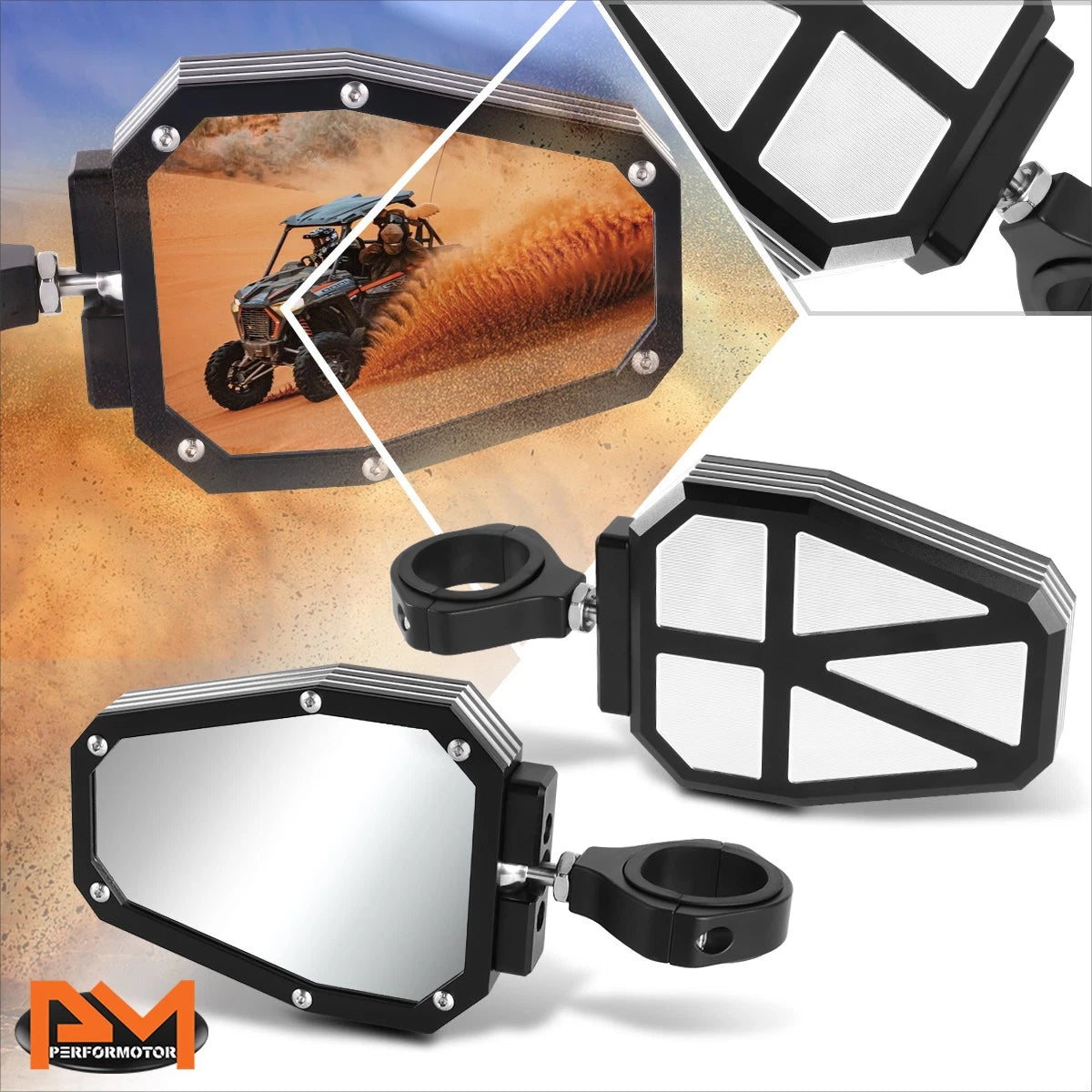 Universal UTV Side Mirrors for Roll Cage Bar Mount (Fits Most Models)