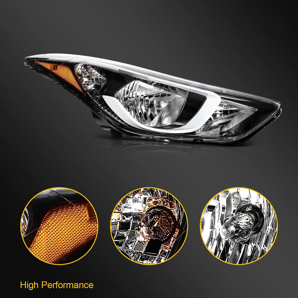 Right Side Headlight Assembly for Hyundai Elantra (2014–2016) Black Housing
