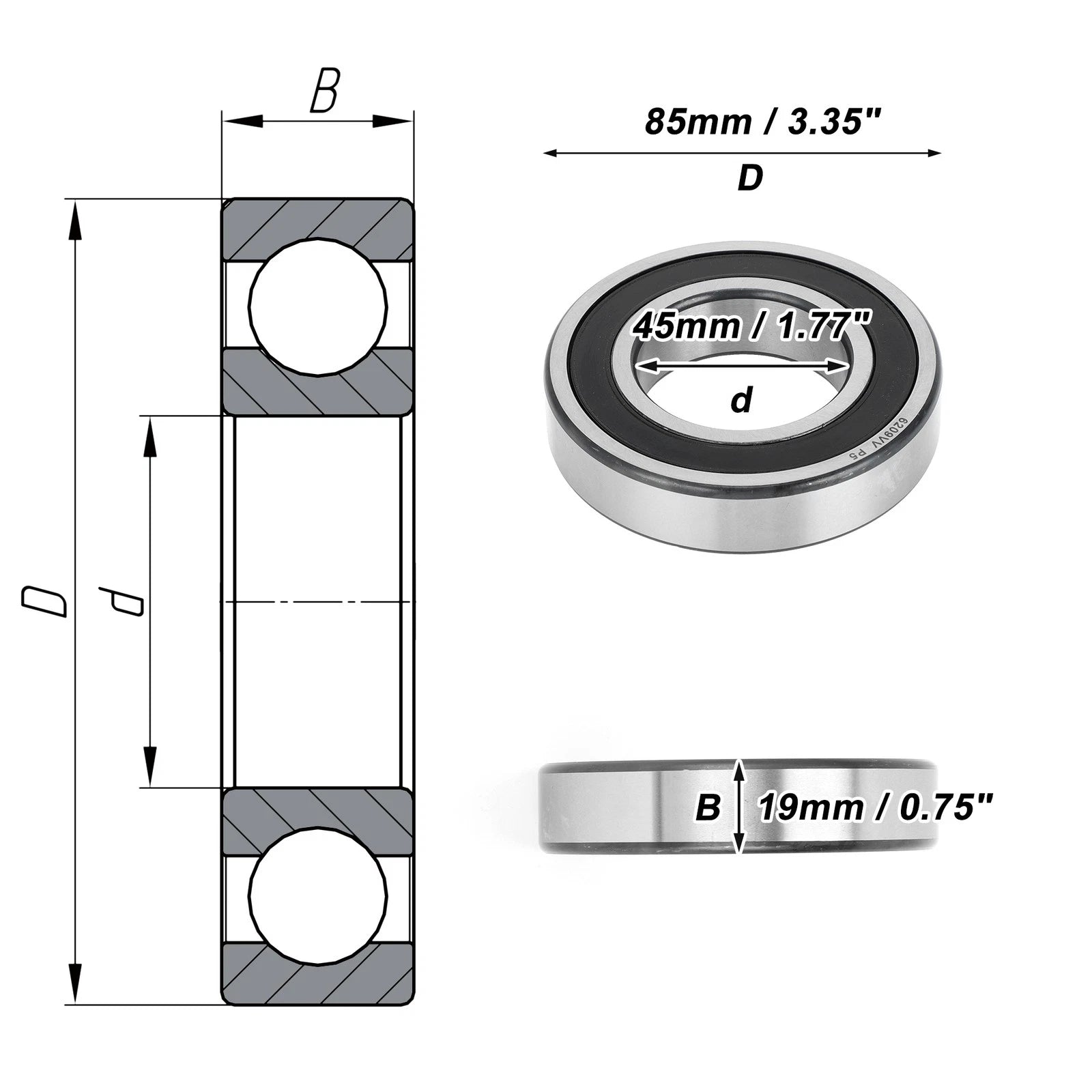 Deep Groove Ball Bearing 6209VV for Scooter Skateboard Wheel (45x85x19mm)