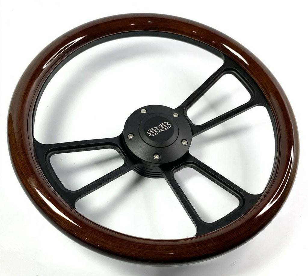 14 Inch Black 5 Hole Steering Wheel Dark Wood Wrap for All Vehicles (Universal)