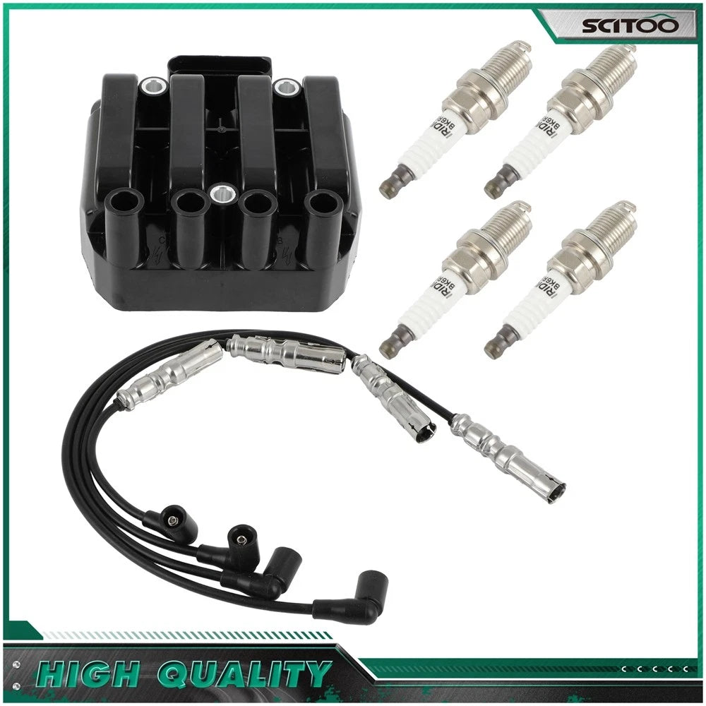 Ignition Coil & 4 Spark Plugs & 4 Wires for Volkswagen Jetta Beetle Golf (2000–2005)
