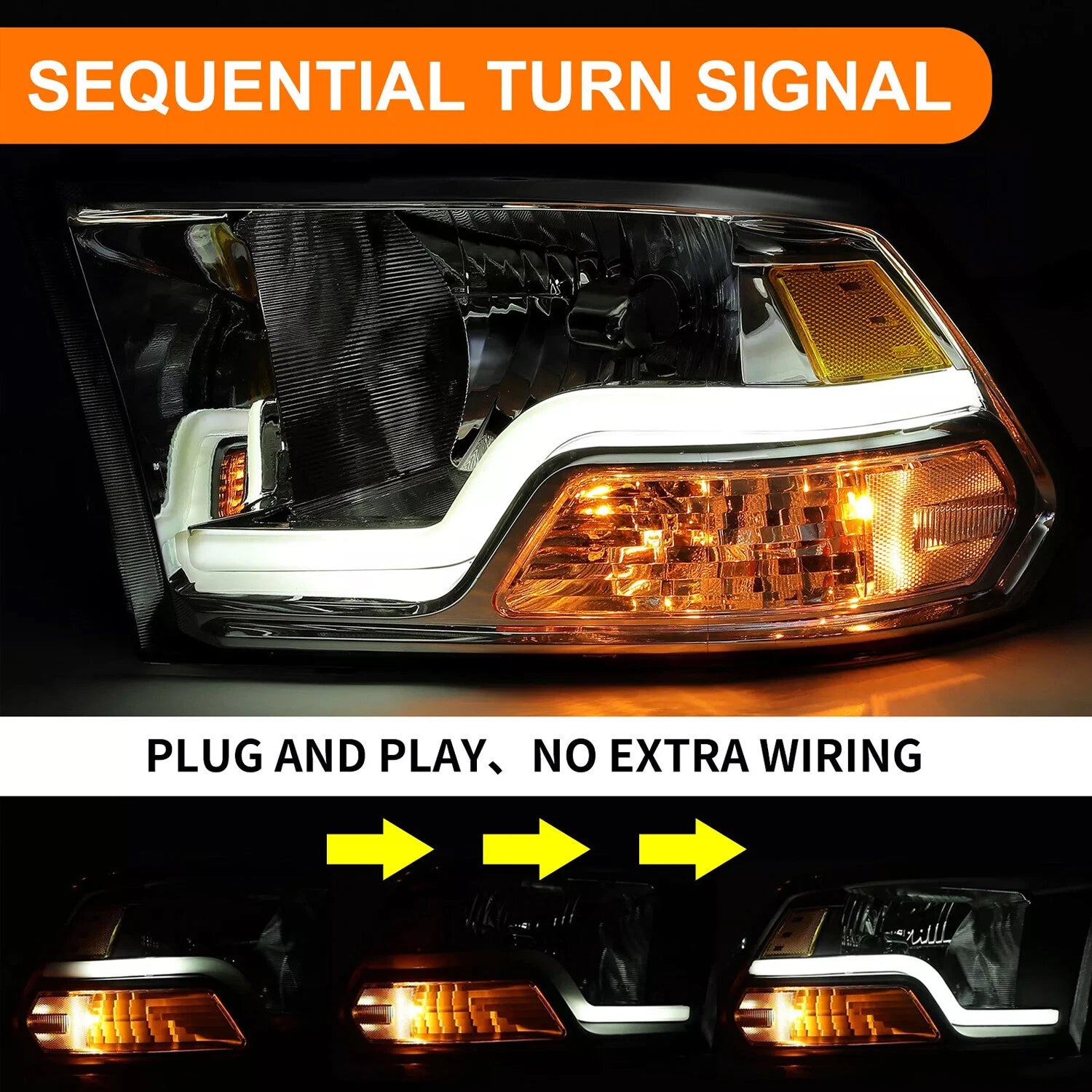 Set of 2 Headlights for Dodge Ram 1500 2500 3500 (2009–2018) Black Sequential LED DRL