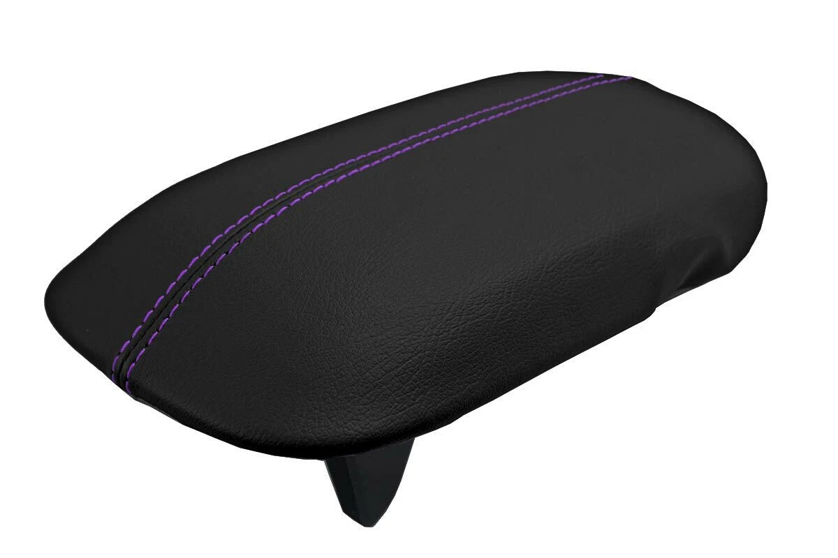 Leather Console Lid Armrest Cover for Ford Mustang (2015–2020) Black Purple Stitch