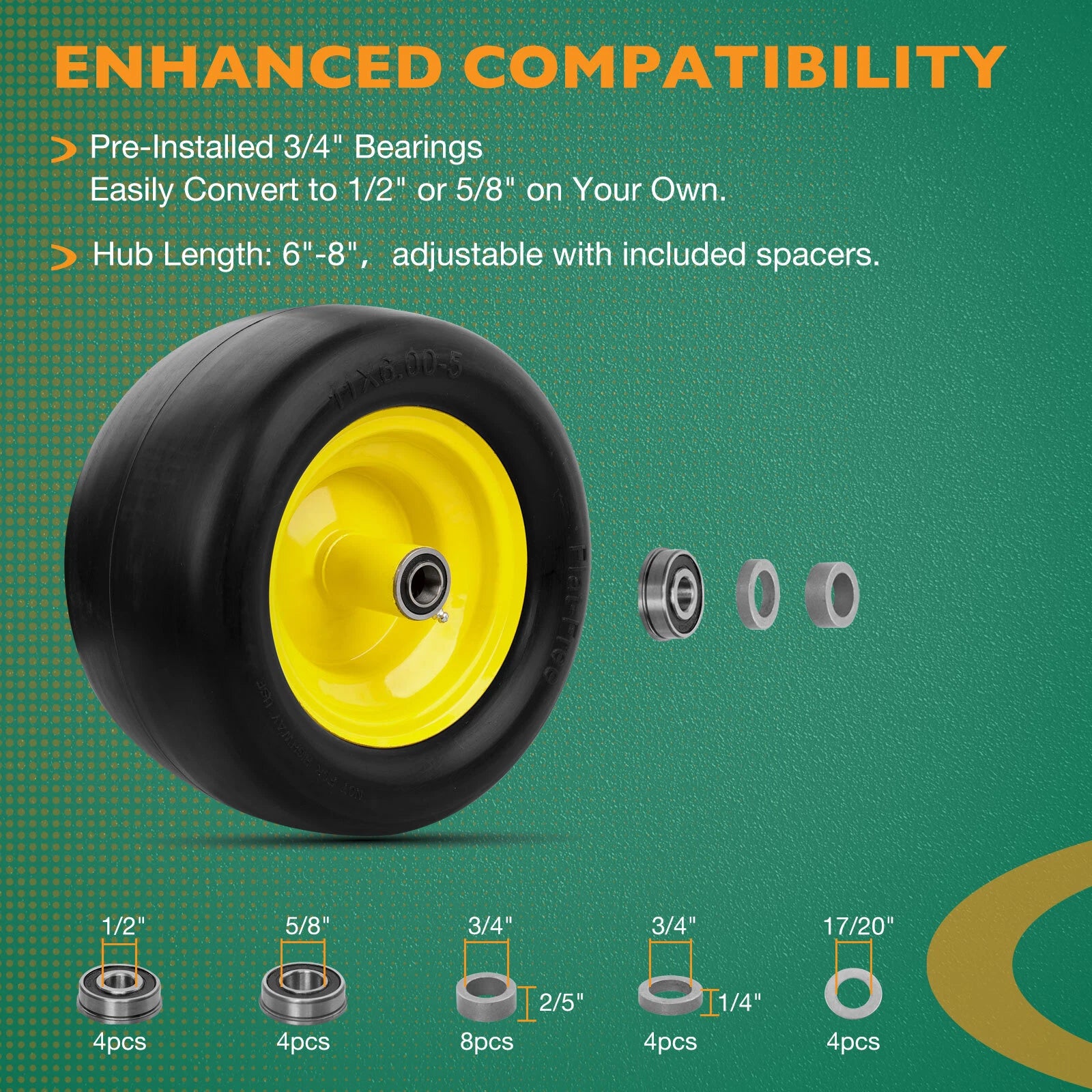 2x 11x6.00-5 Flat Free Tires for Zero-Turn Lawn Mower