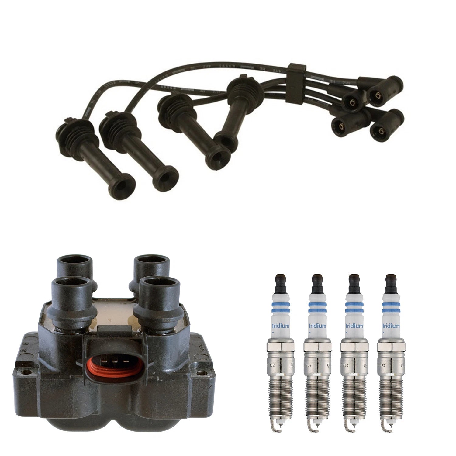 Set of 4 Denso Ignition Coil Wires & Bosch Iridium Spark Plugs for Contour Escort (1995–2000)