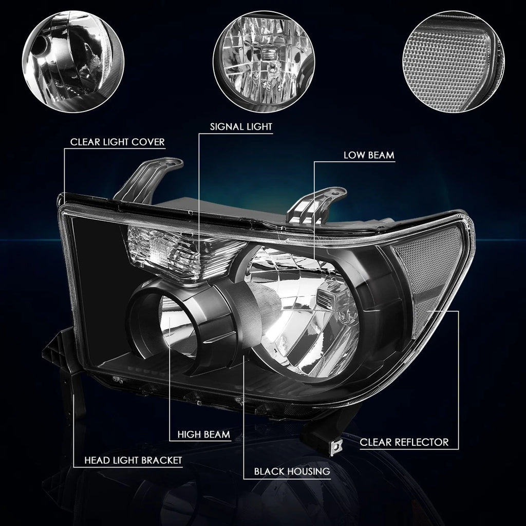 Headlight Lamps Replacement for Toyota Sequoia Tundra (2008–2017) Black Housing